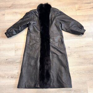 Vintage Laura Winston Small Black Leather Trench Coat Fox Fur Collar‎ Thermolite